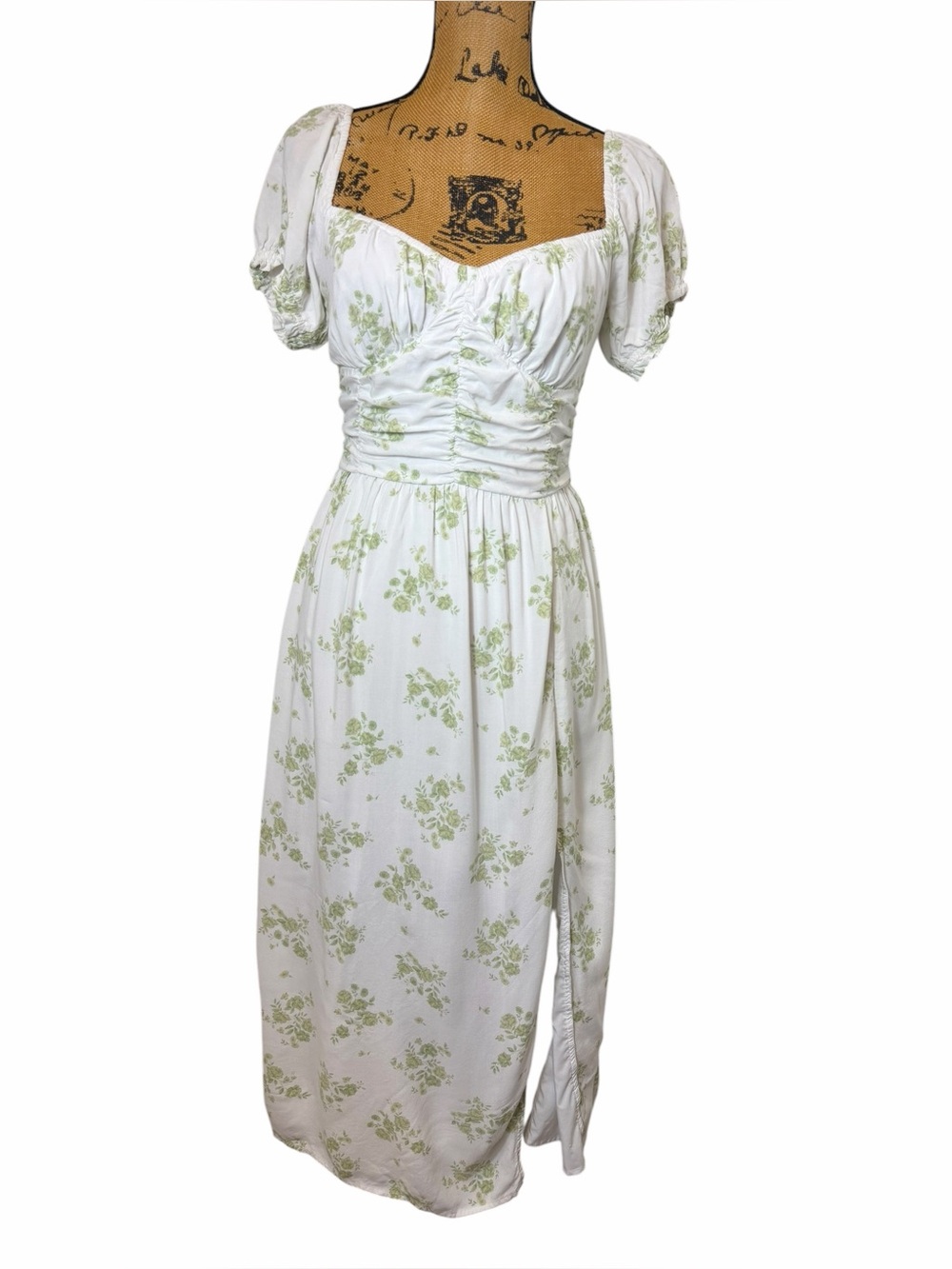 Hollister Floral Midi Dress Cottagecore Puff Sleeve Ruched Side Slit Small - Picture 2 of 6